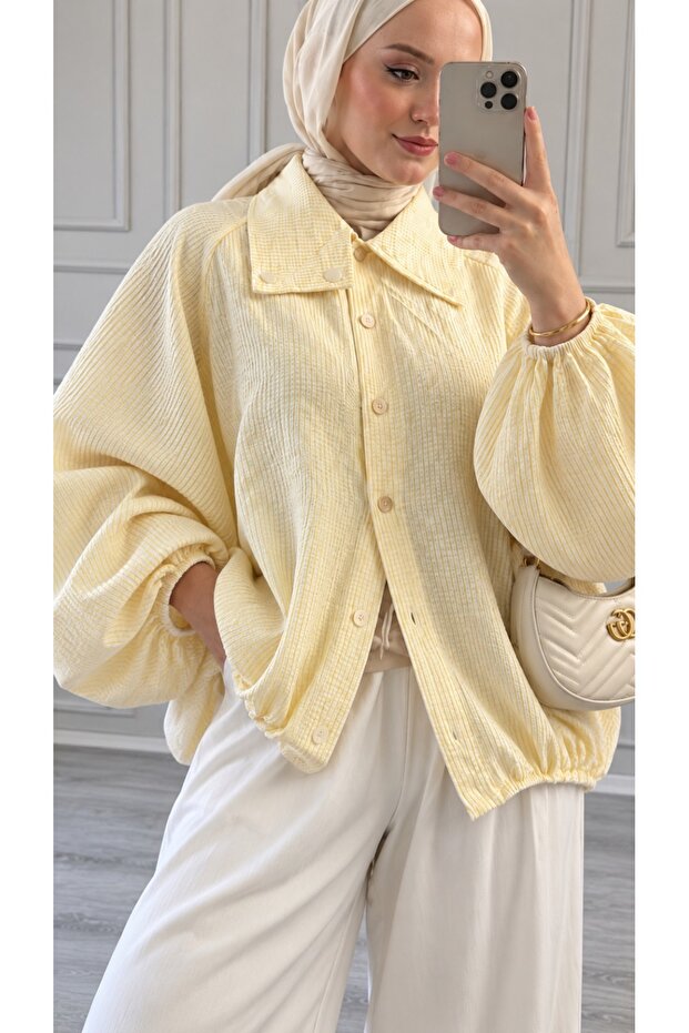 Yellow Plaid Crinkled Fabric Cotton Asymmetrical Collar Detailed Tulle Bomber Jacket | Relaxed Fit Modern Hijab Jacket | Stylish Casual Layered Outerwear | Original Design Jacket Model