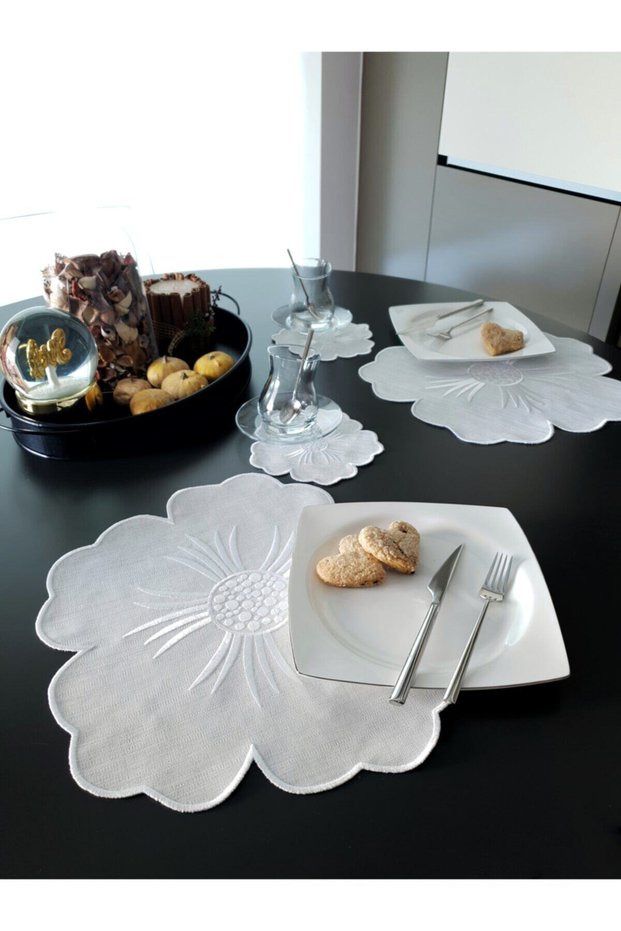 12 Piece Imported Linen Embroidered Placemat Set for 6 Persons