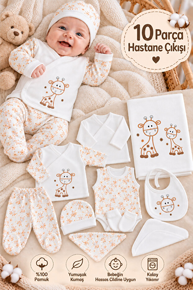Giraffe Embroidered Newborn Hospital Discharge Set 10 Pieces 100% Cotton Baby Set