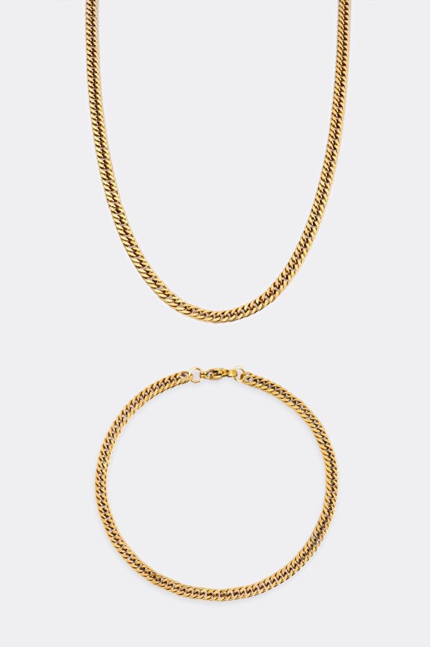 4mm Retro Gold Steel Chain Men's Necklace and Bracelet Set Ka1062Al