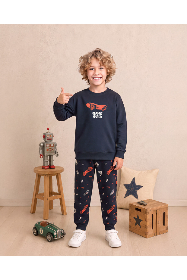 Boy's 100% Cotton Interlock Game over Printed Long Sleeve Pajama Set Indigo