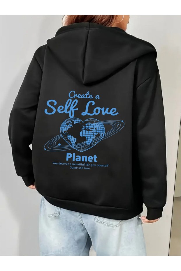 Unisex Black Self Love Back Printed Zippered Sweatshirt Printed Premium Oversize T-Shirt