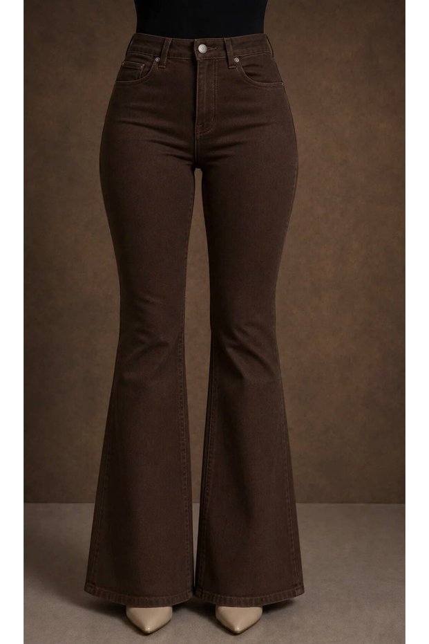 Women's Brown Spanish Flare High Waist Lycra Flare Jeans Trousers Jean