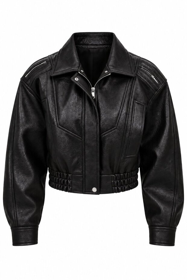 Black Leather Jacket with Shoulder Zipper Detail -