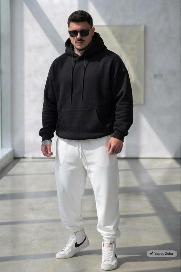 Men's Black Hooded White Tracksuit Bottom Set