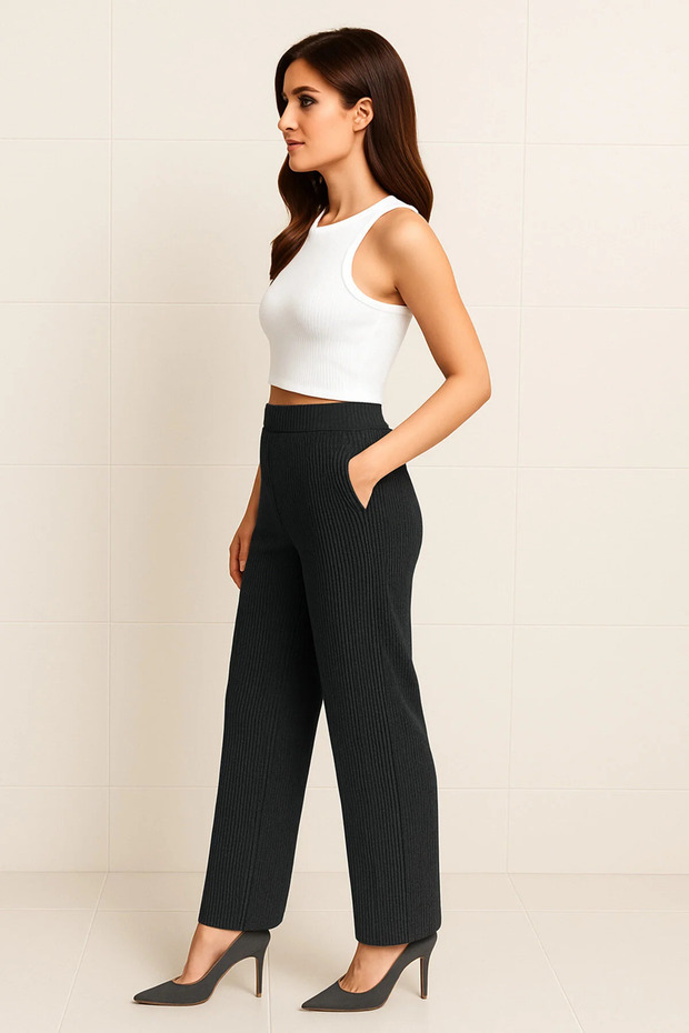Women's High Waist Wide Leg Ribbed Trousers