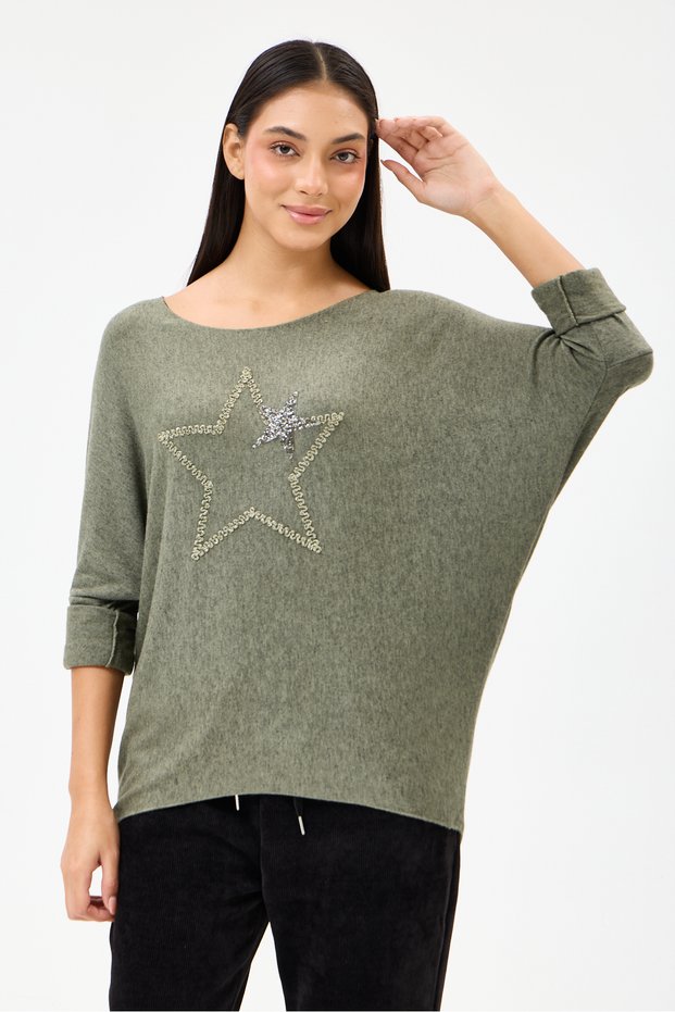 Women's Khaki Italian Star Patterned Bat Sleeve Oversize Lycra Knitwear Sweater Size 40 - 48