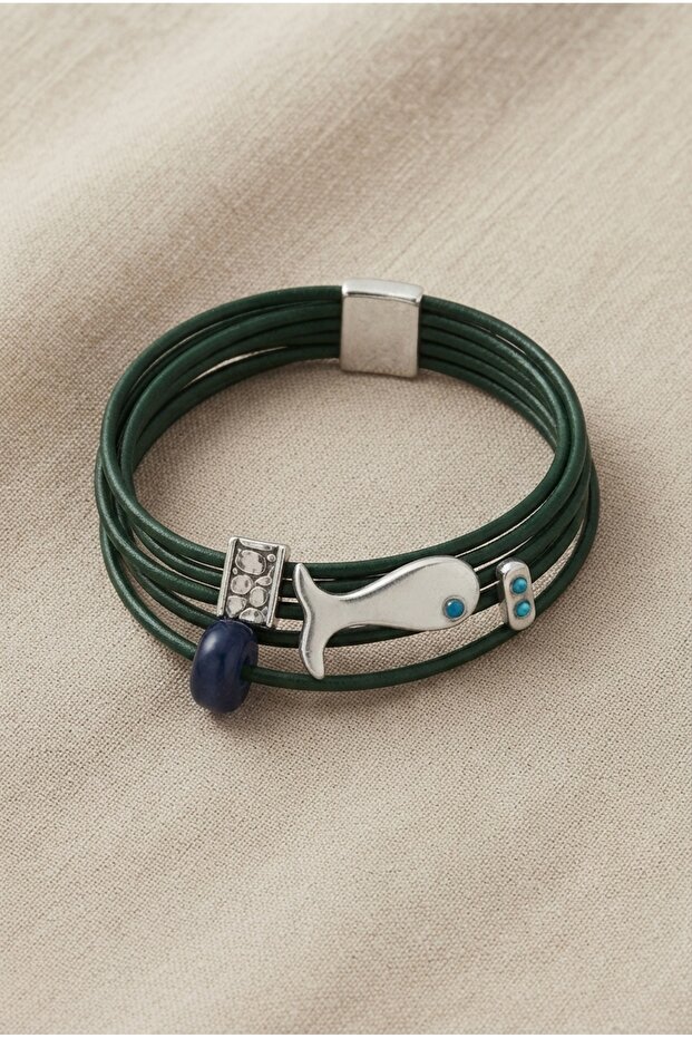 Leather Cord Bracelet with Fish Figure and Bead Detail