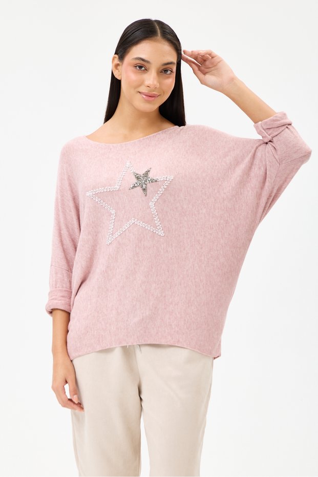 Women's Powder Italian Star Patterned Bat Sleeve Oversize Lycra Knitwear Sweater Size 40 - 48