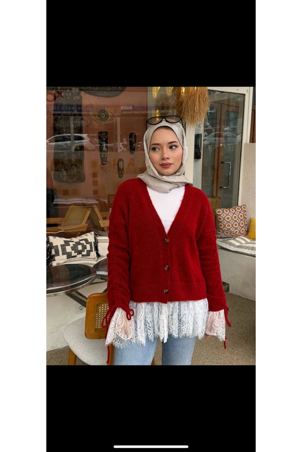Romantic Lace Detailed Oversized Knitwear Cardigan