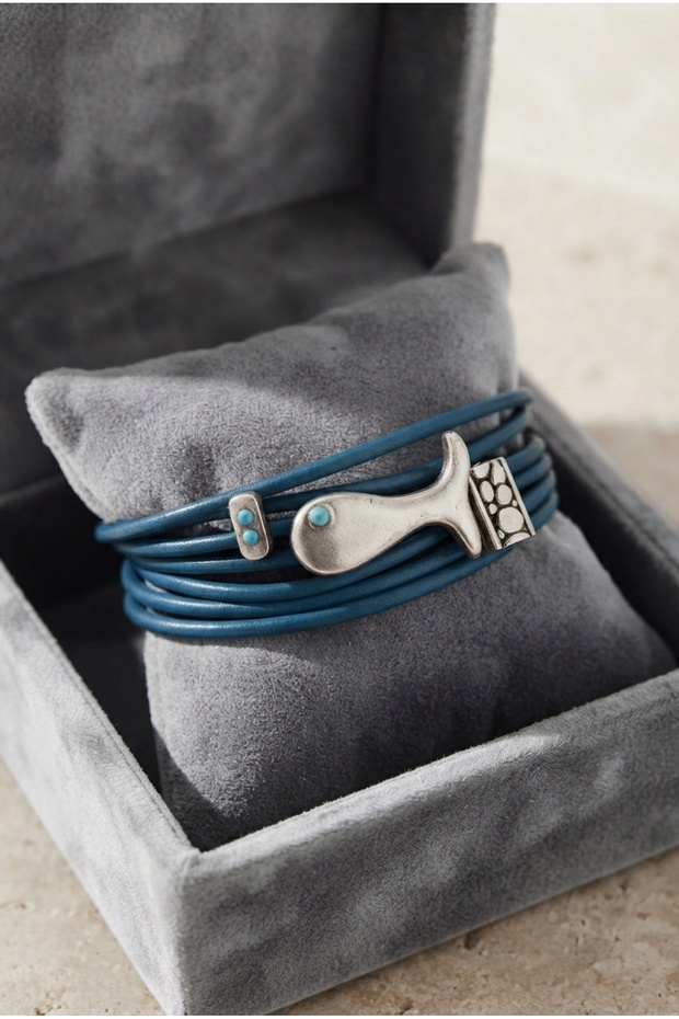 Leather Cord Bracelet with Fish Figure and Bead Detail