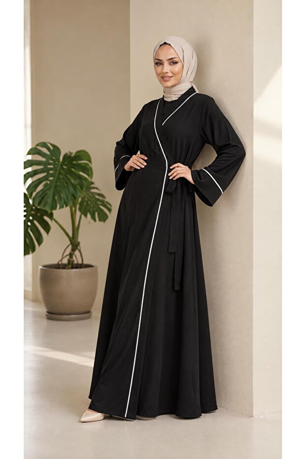 Women's Double-Breasted Collar Black-White Side-Tie Practical Wear-Go Prayer Dress