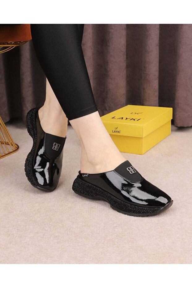 Sandra black patent leather women's clog slippers