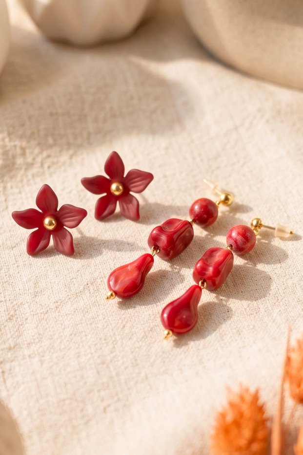 Women's Floral and Beaded Dangle Earrings Set of 2 Pairs