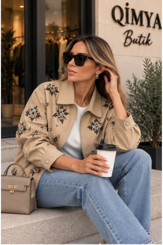 Nox Women's Premium Jacket with Elastic Waist, Handcrafted Embroidery on Front and Sleeves