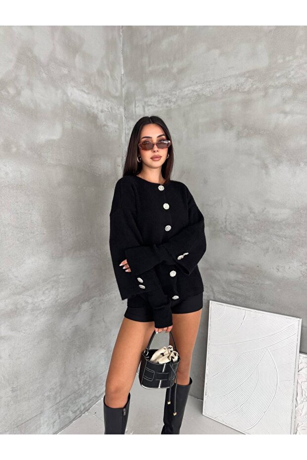 Women's Large Stone Button Detailed Crew Neck Long Sleeve Knitwear Cardigan Jacket