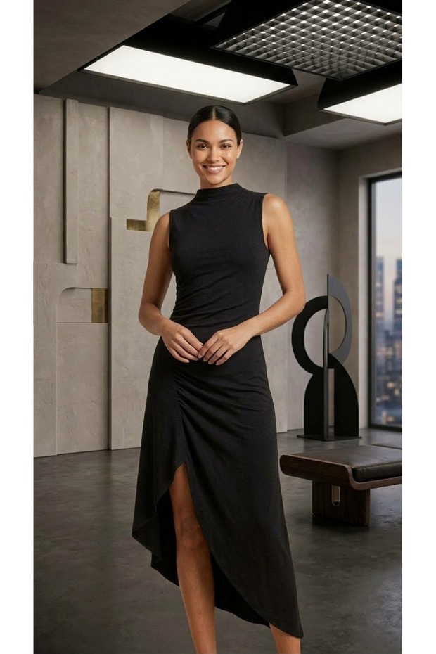 Women's Black Sleeveless Gathered Slit Stylish Evening and Daily Flexible Midi Dress