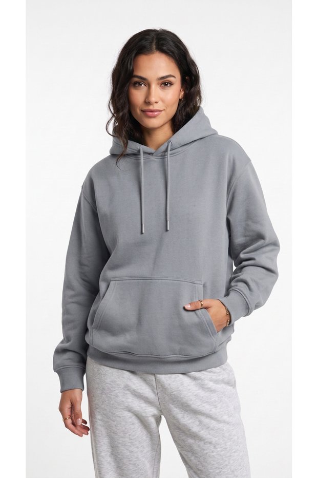 Women's Gray Hooded Kangaroo Pocket 3 Thread Raster Sweatshirt
