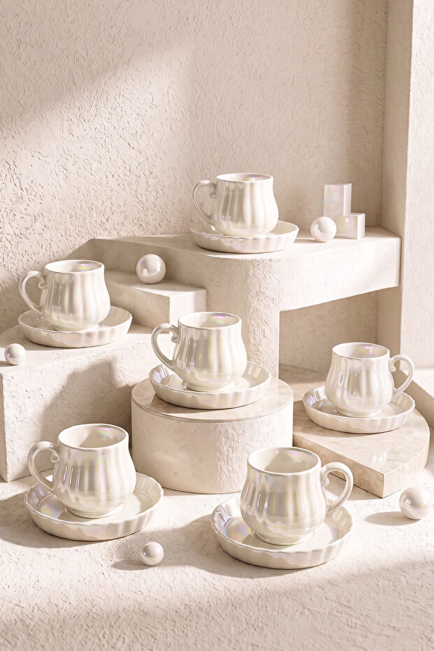 Ecroia Line Wavy Porcelain 6-Person Coffee Cup Set