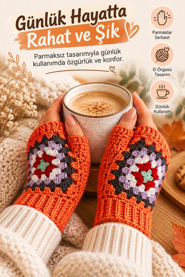 Women's Adult Fingerless Knitted Gloves Orange – Colorful Patterned Hand Warmer Gloves