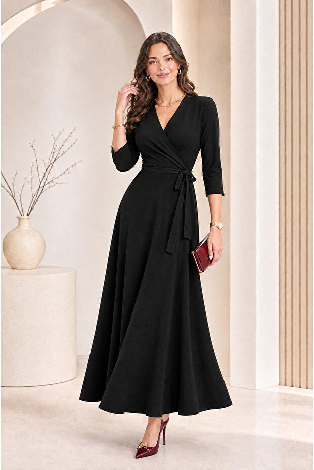Women's Belted Double-Breasted Collar Three-Quarter Sleeve Long Dress