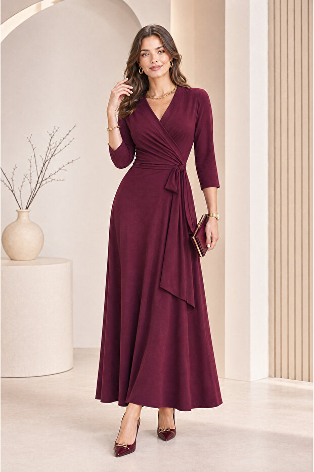Women's Belted Double-Breasted Collar Three-Quarter Sleeve Long Dress