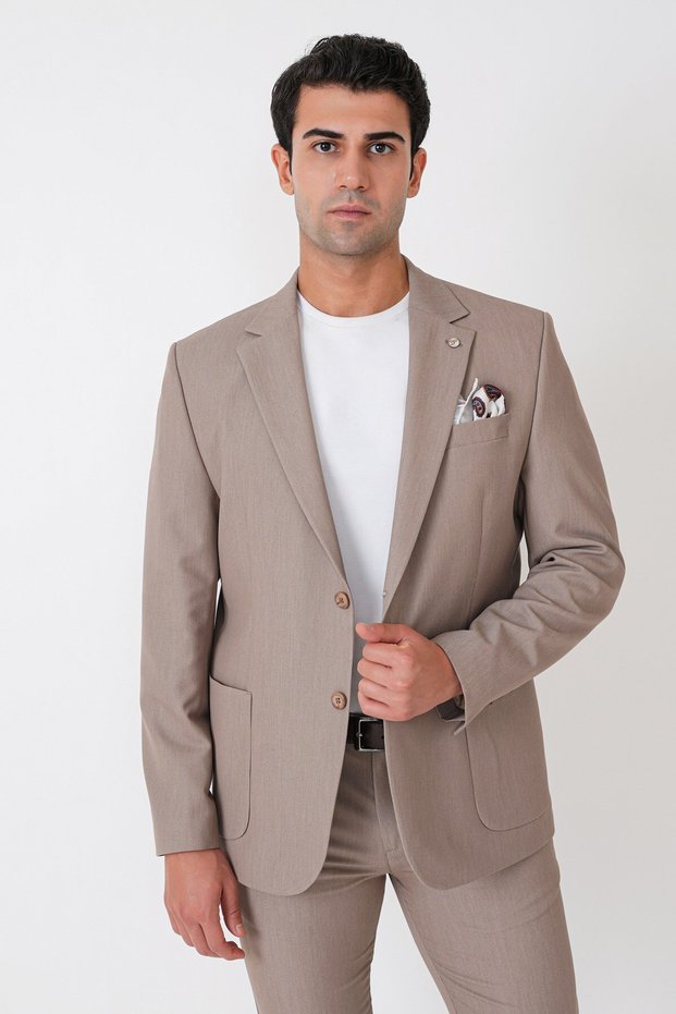 Comfort Fit Stretch Cotton Pocket Beige Blazer Jacket C 743