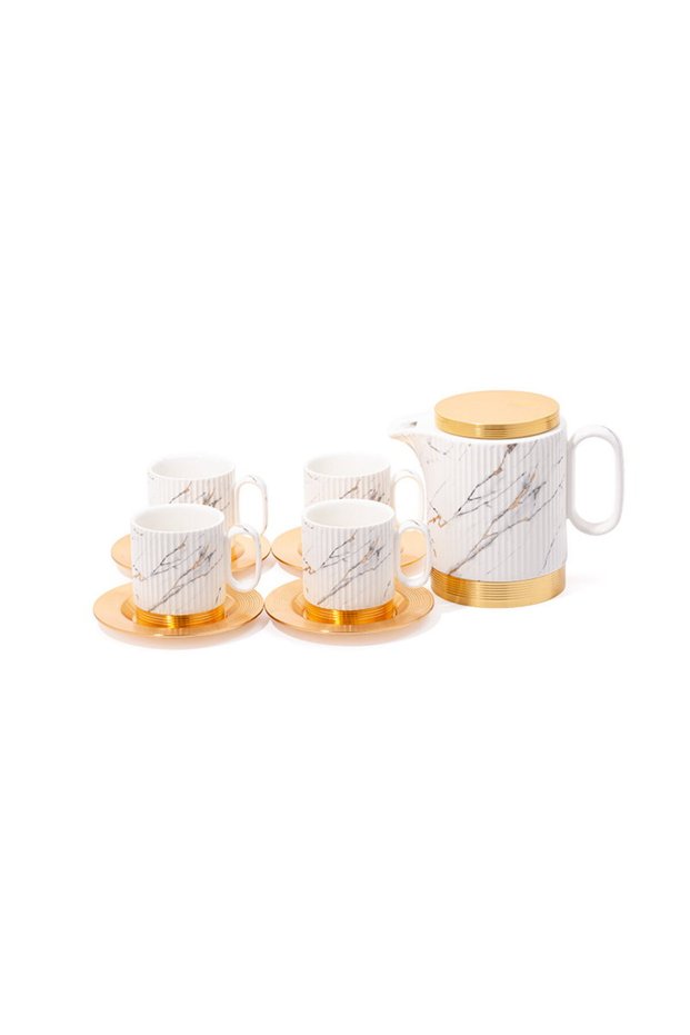 Teapot + 4 Cups and Marble Saucer Set