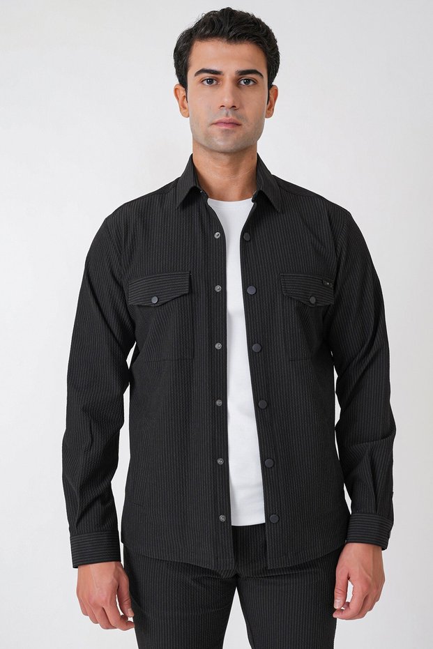 Comfort Fit Side Pocket Flexible Pinstripe Dark Black Shirt Jacket g 1608