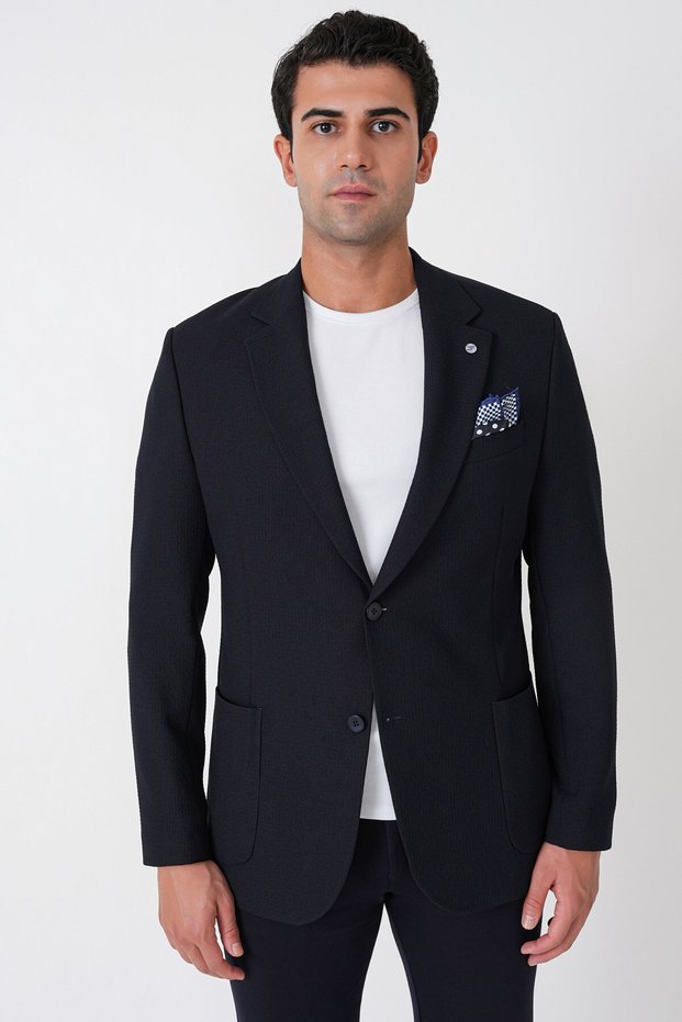 Comfort Fit Pocket Pocket Waffle Fabric Stretch Cotton Navy Blue Blazer Jacket C 739