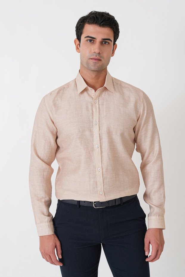 Comfort Fit Sport Collar Foldable Sleeve Sand Beige Linen Shirt g 1612