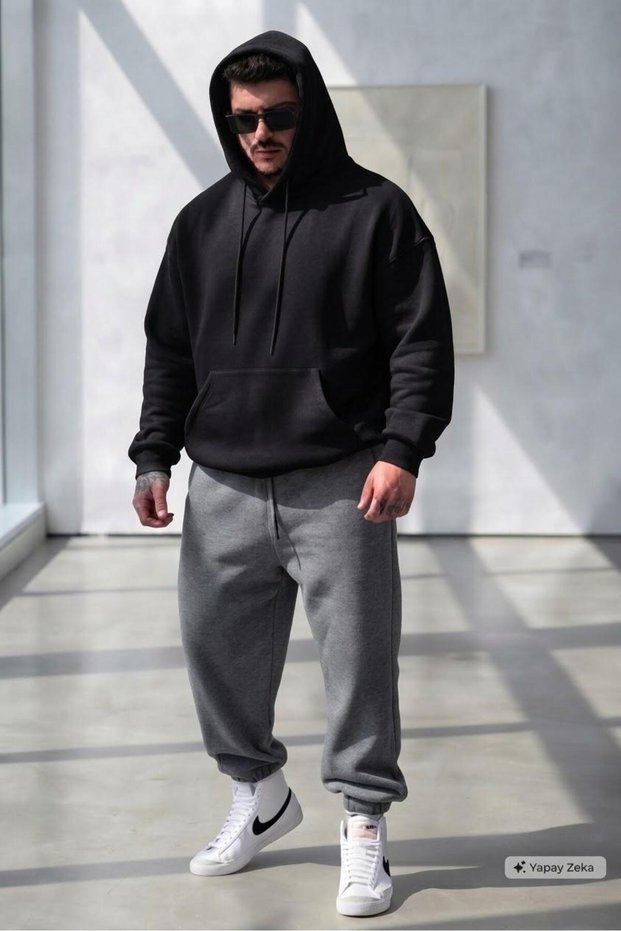 Men's Black Hooded Nardo Tracksuit Bottom Set