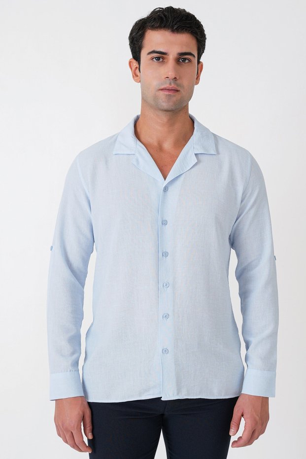 Comfort Fit Apaş Collar Foldable Sleeves Blue Linen Shirt g 1613
