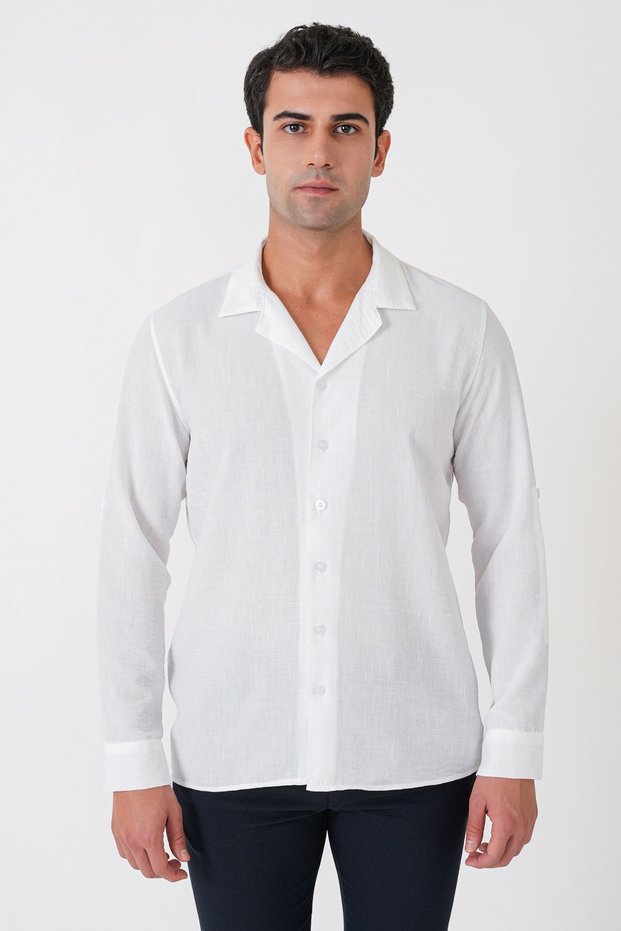 Comfort Fit Apaş Collar Foldable Sleeves White Linen Shirt g 1613
