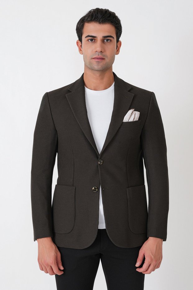 Slim Fit Khaki Jacket with Pocket Pockets, Ribbed Fabric, Flexible Wool, C 747