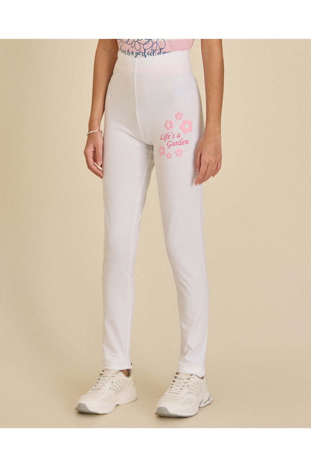 Senior Girls White Printed Slim Fit Leggings