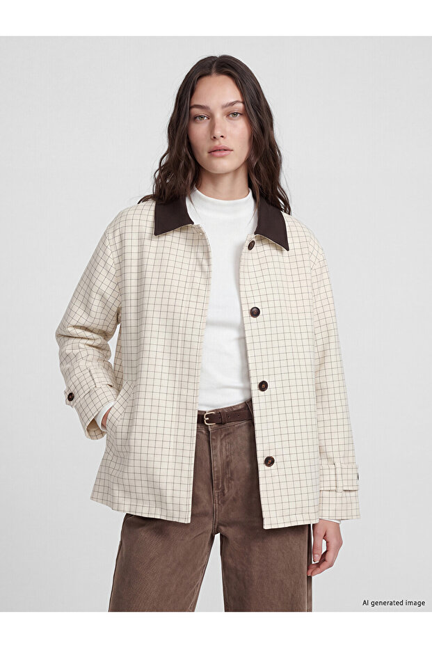 Two Mt Shop Quality Lcw Modest Brown Gabardine Plaid Oversize Women's Jacket