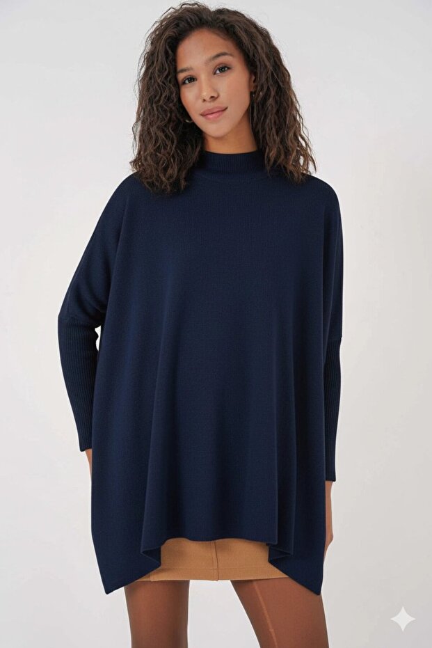 Women's Navy Blue Oversize Slit Poncho Knitwear Sweater Hzl23W-Bd1100761