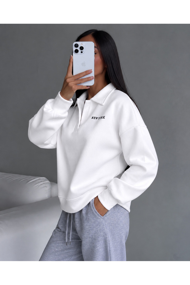 Women's Polo Collar Oversize New York Printed Sweatshirt