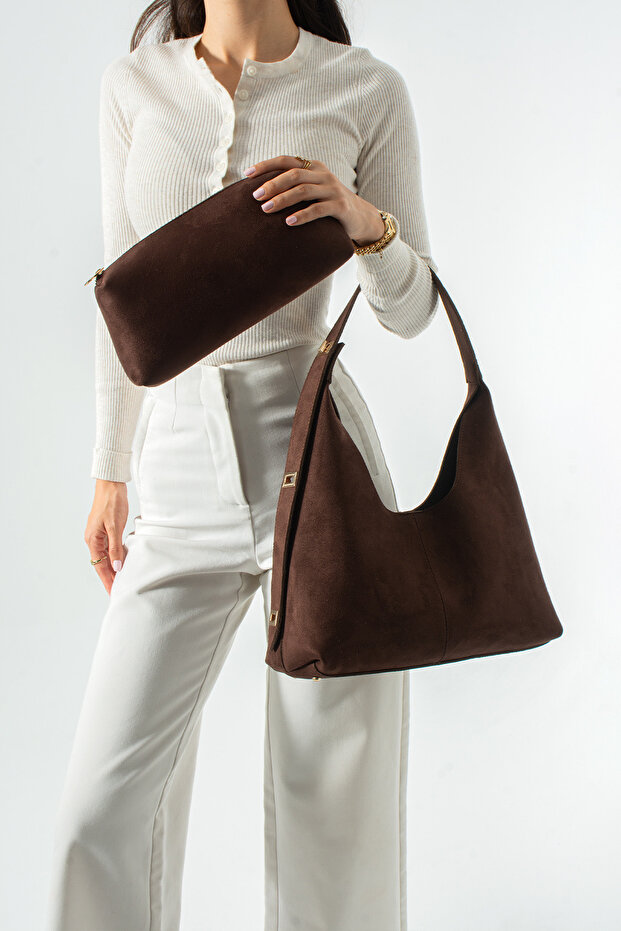 Suede Look Women's Shoulder Bag and Makeup Bag Hobo Bag Set