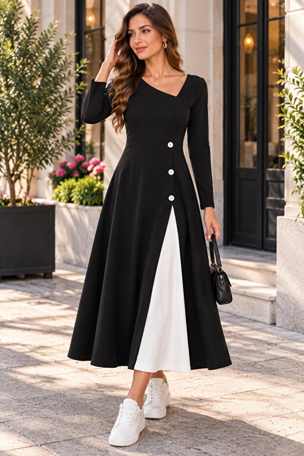 Women's Stylish Asymmetrical Collar Button Detailed Flared Black and White Midi Viscose Dress
