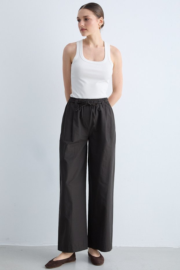 Women's Elastic Waist Lace-Up High Waist Wide Leg Pants with Pockets - Bitter Brown