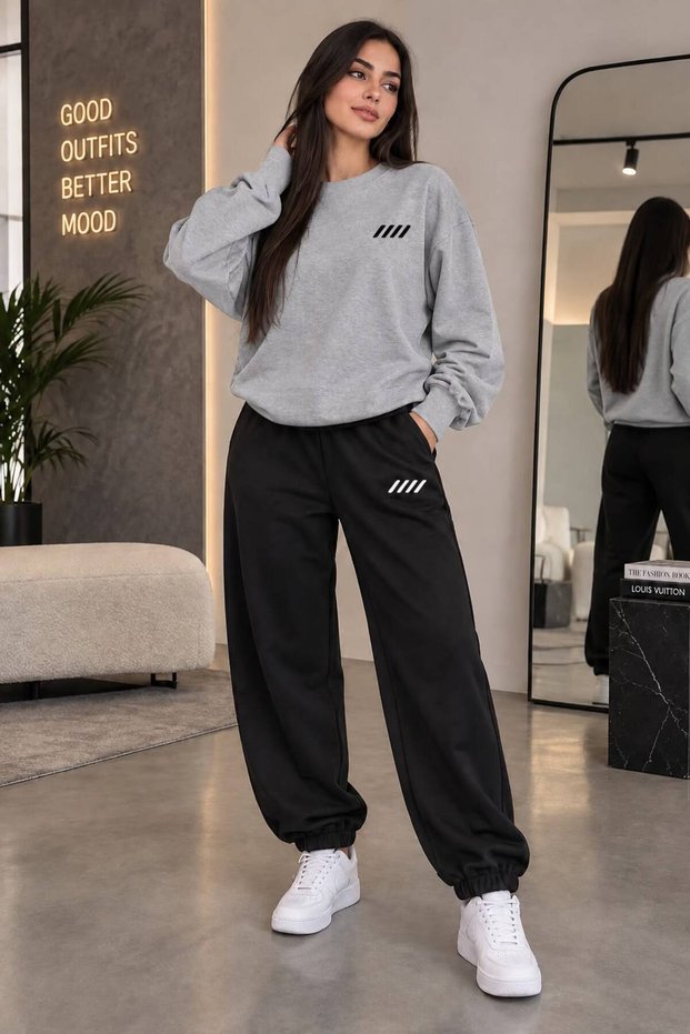 Zero Collar Sweat Suit 2-Piece Combination with Pullover and Pants Unisex 4 Line Printed