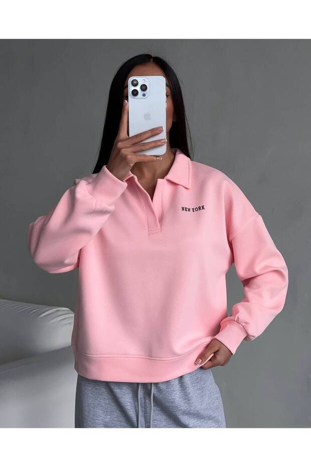 Women's Polo Collar Oversize New York Printed Sweatshirt