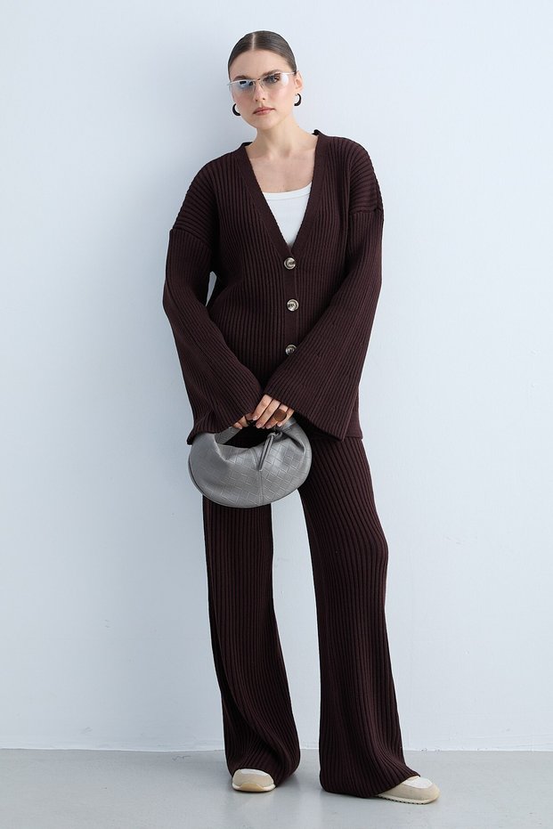 Women's Knitwear Set V-Neck Buttoned Cardigan and Wide-Leg Trousers Ribbed Knit Two-Piece Set -Bitter Coffee