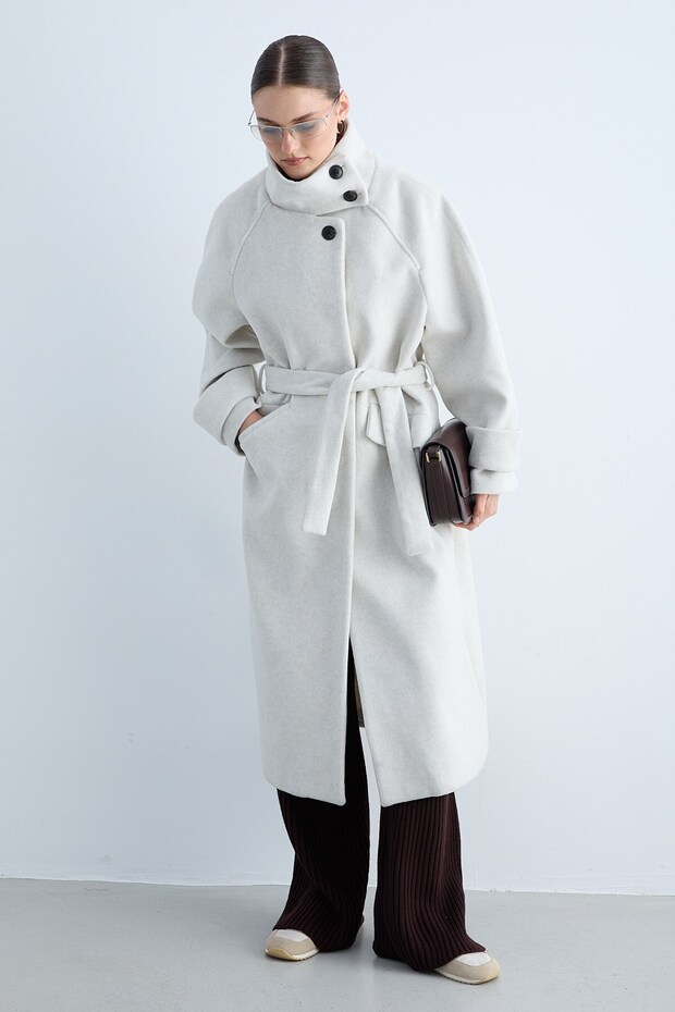 Women's Stand Collar Belted Buttoned Coat with Pockets Long Sleeve Belted Waist Winter Coat -Stone