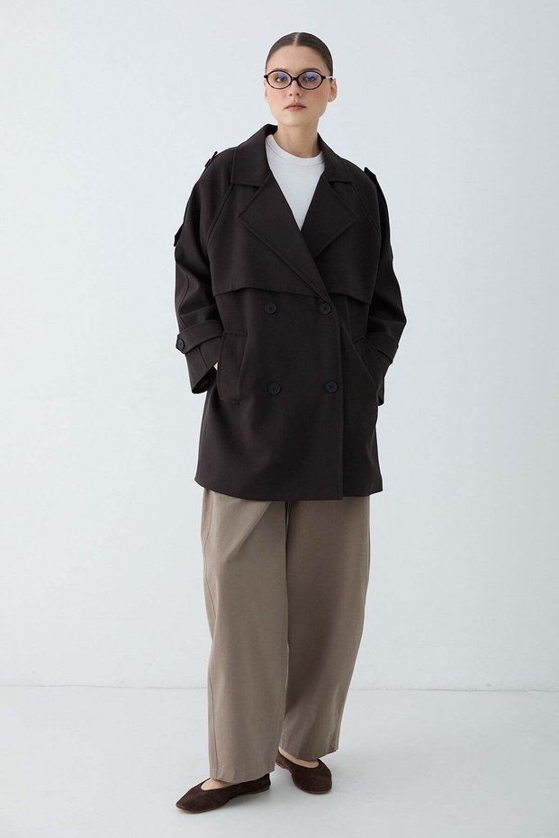 Women's Double-Breasted Collar Double-Button Belt Detailed Pocket Cover Trench Coat - Brown