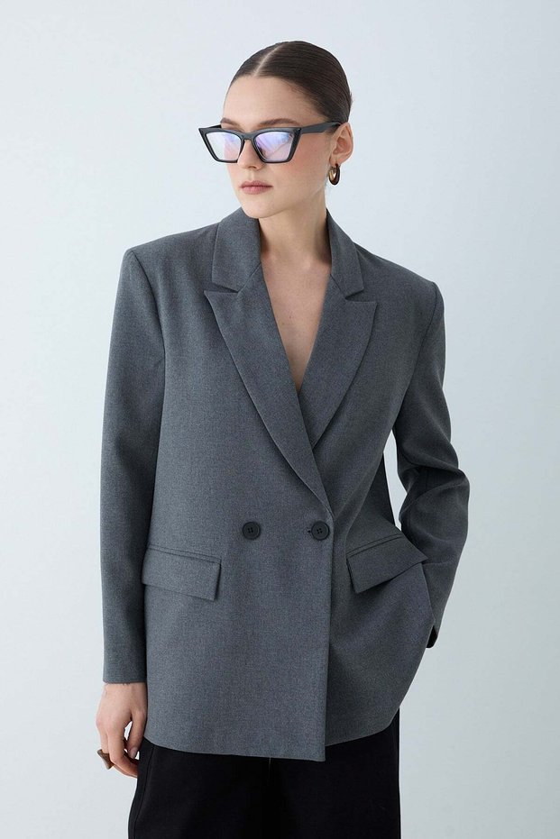 Women's Double-Breasted Collar Blazer Jacket with Double Button Pocket Flap Detail - Anthracite