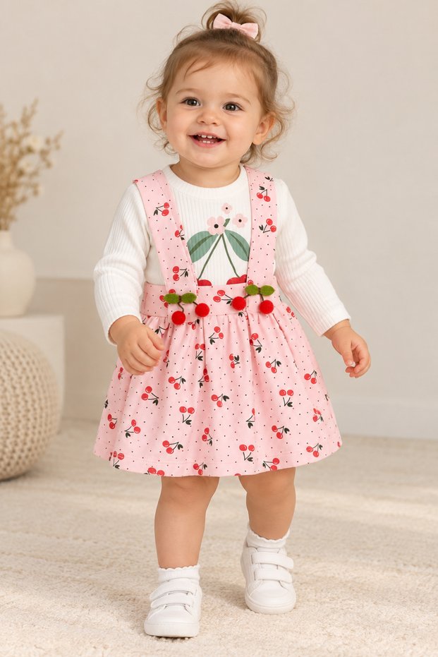 Baby Girl Cherry Patterned Pink Salopet Dress Long Sleeve Body 2-Piece Set