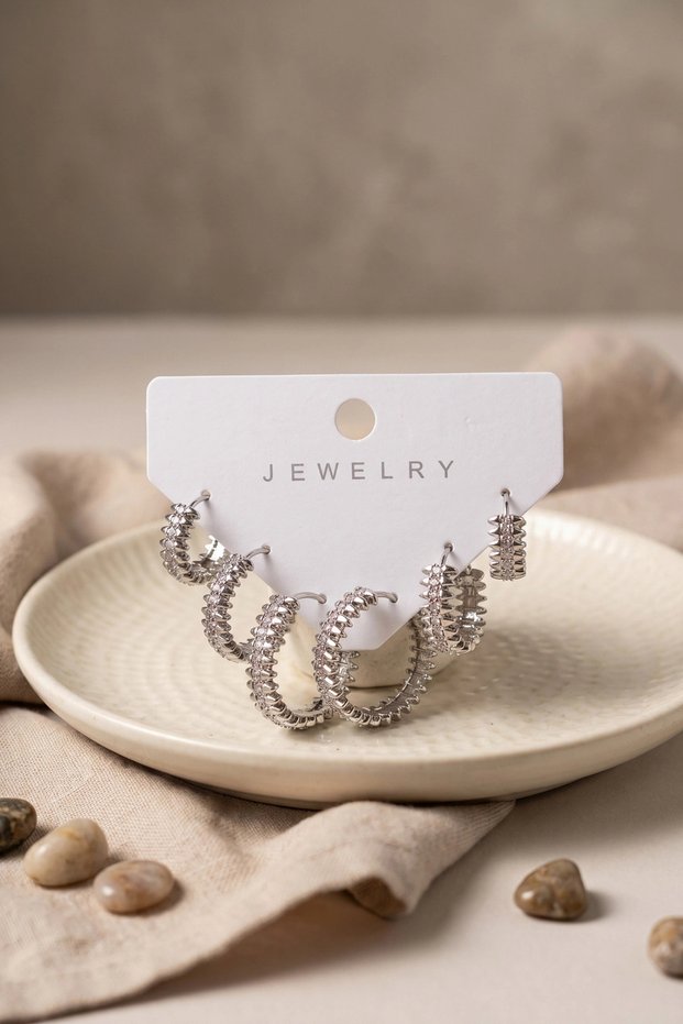 Silver Color Zircon Stone Brass Hoop Serrated Model Women's Earring Set Tj-Bkp12170
